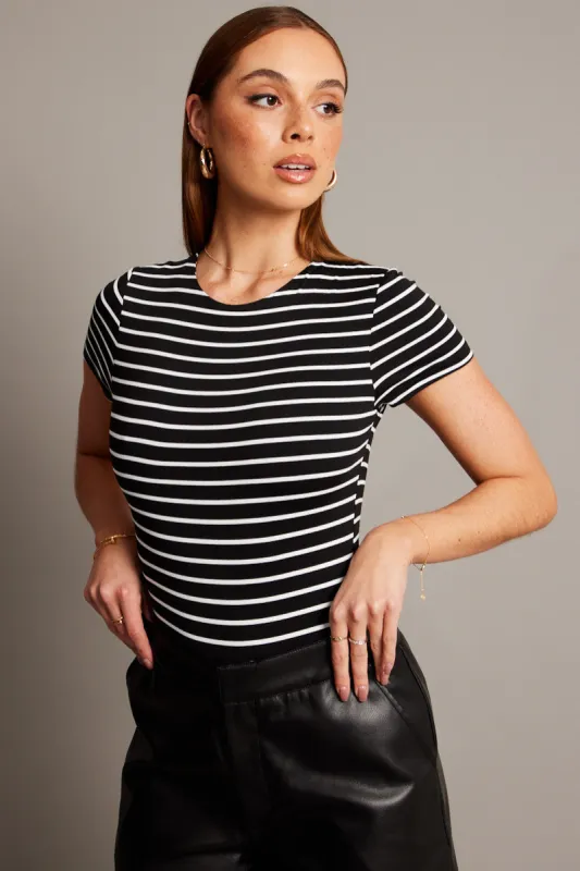 Black Stripe Bodysuit Short Sleeve Crew Neck Supersoft sold by Ally Fashion