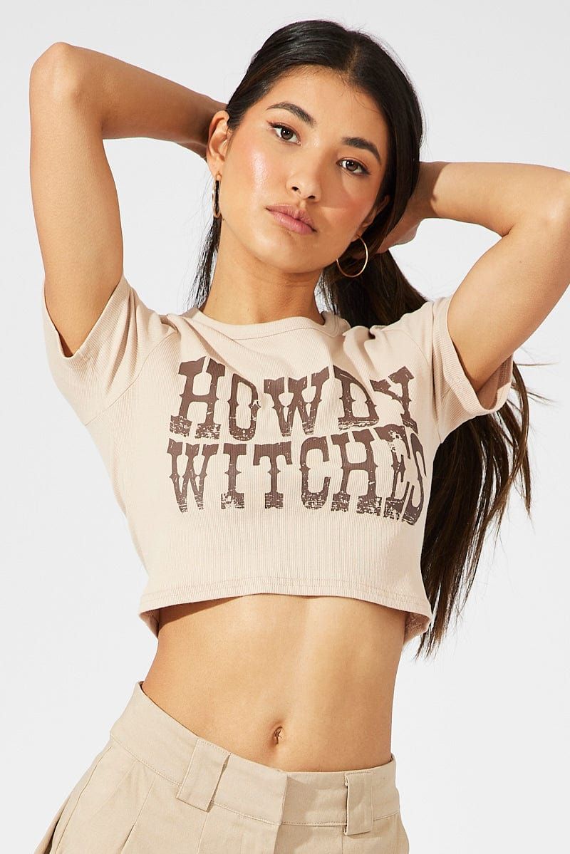 Beige Western Halloween Howdy Witches Graphic Baby Tee sold by Ally Fashion product image thumbnail 3