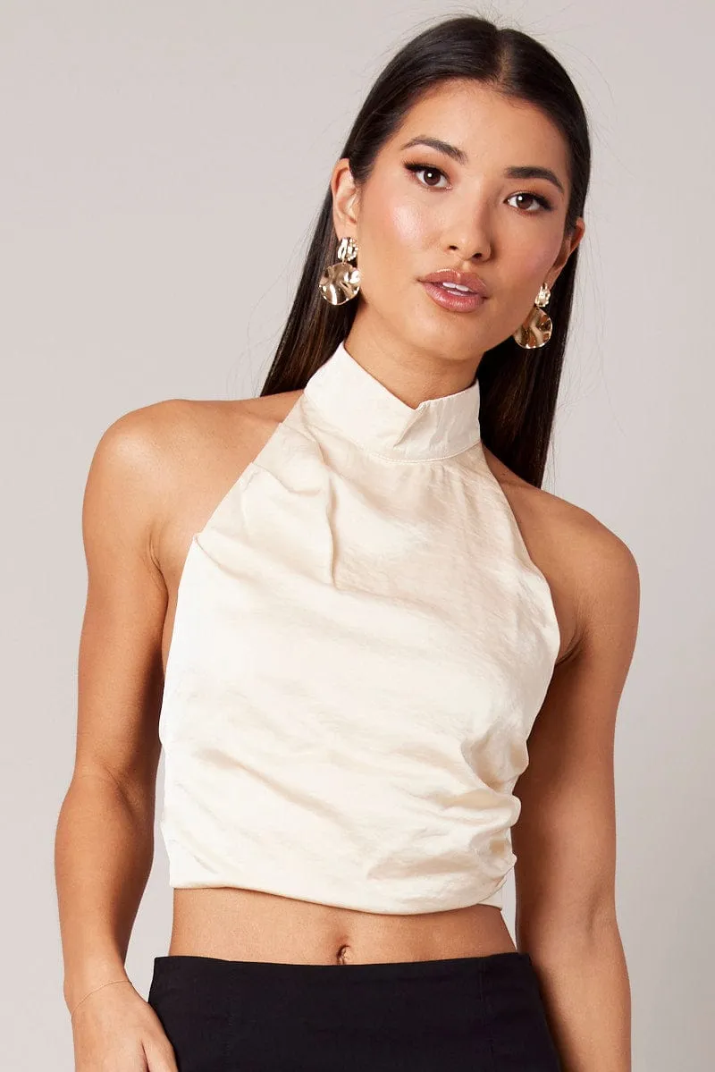 Beige High Neck Top Sleeveless Tie Back Satin sold by Ally Fashion