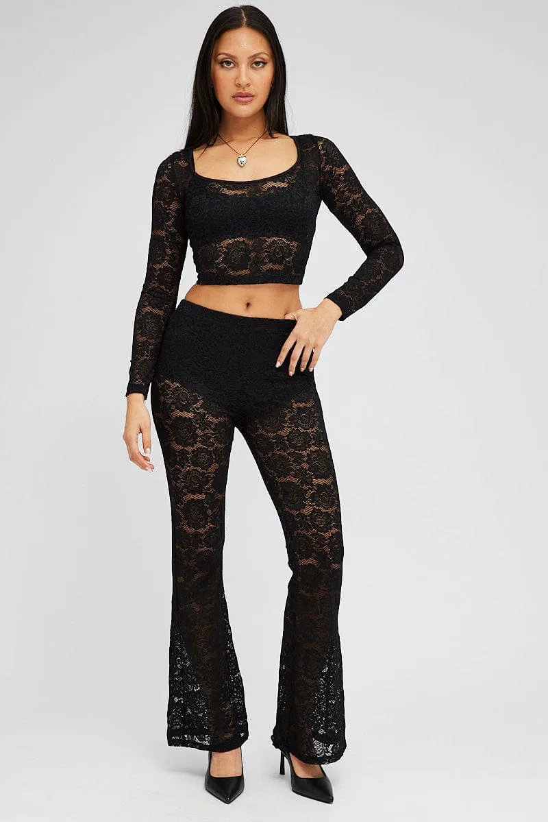 Black Flare Leg Pants Mid Rise Lace sold by Ally Fashion