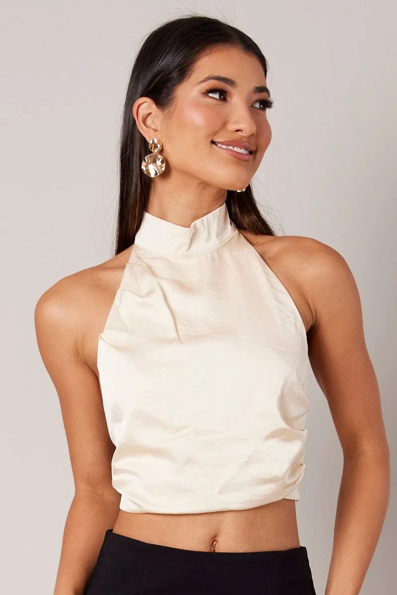 Beige High Neck Top Sleeveless Tie Back Satin sold by Ally Fashion product image thumbnail 3