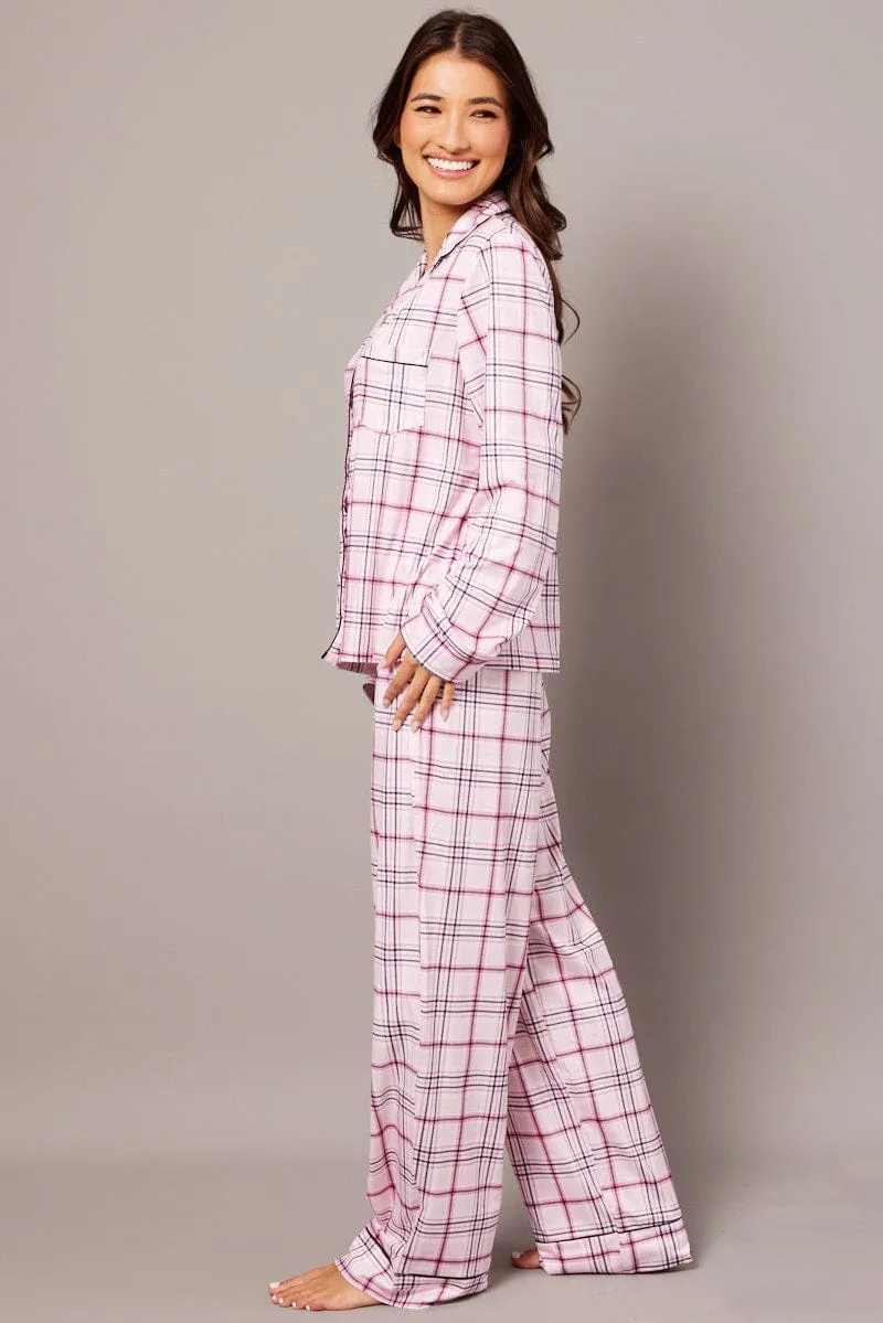 Pink Check PJ Set Jersey Long Leg Piping Pyjama sold by Ally Fashion product image thumbnail 4