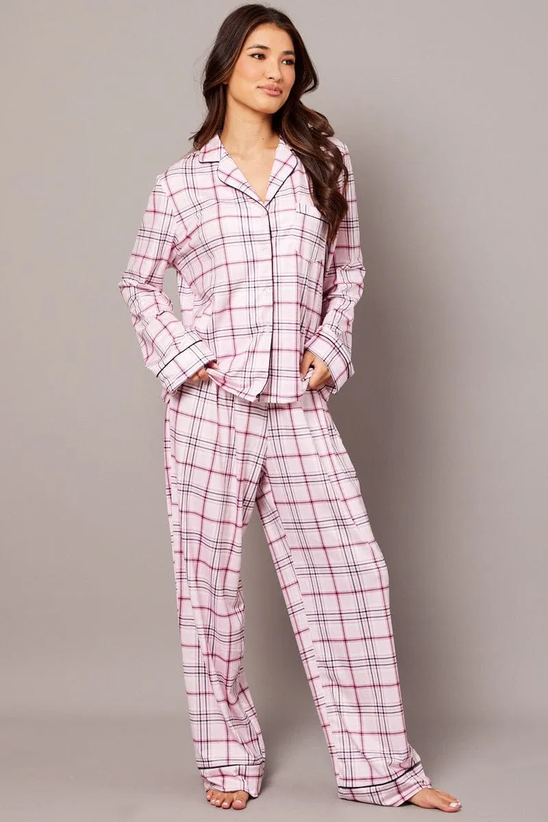Pink Check PJ Set Jersey Long Leg Piping Pyjama sold by Ally Fashion