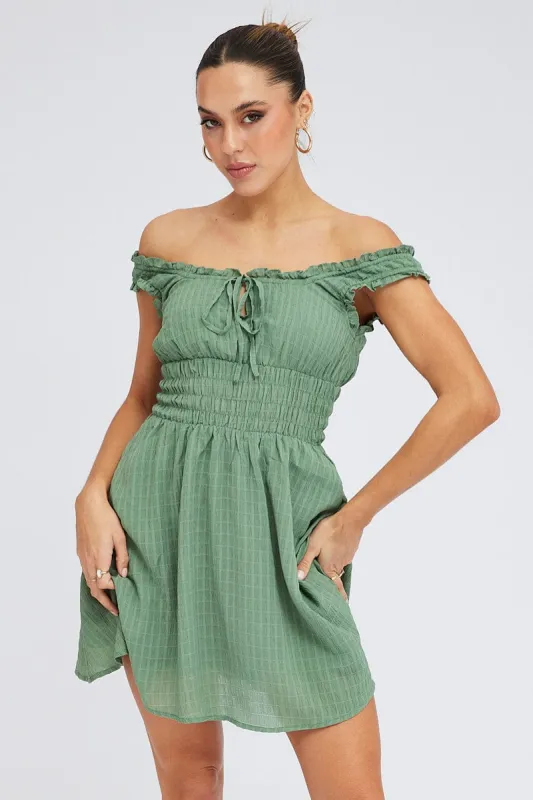 Green Fit and Flare Dress Sleeveless Waist Shirred sold by Ally Fashion