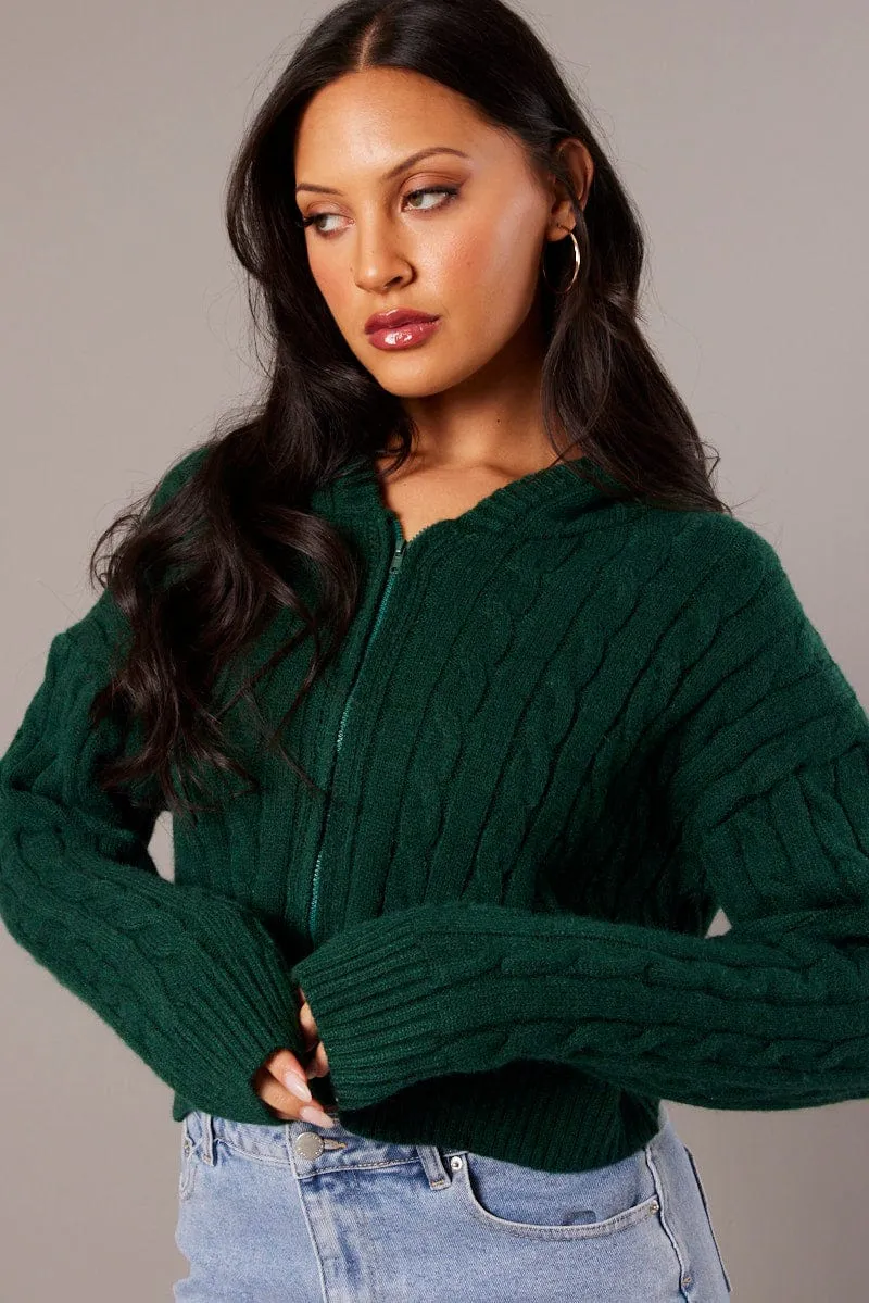 Green Hooded Cardigan Long Sleeve Cable Knit Zip Up sold by Ally Fashion