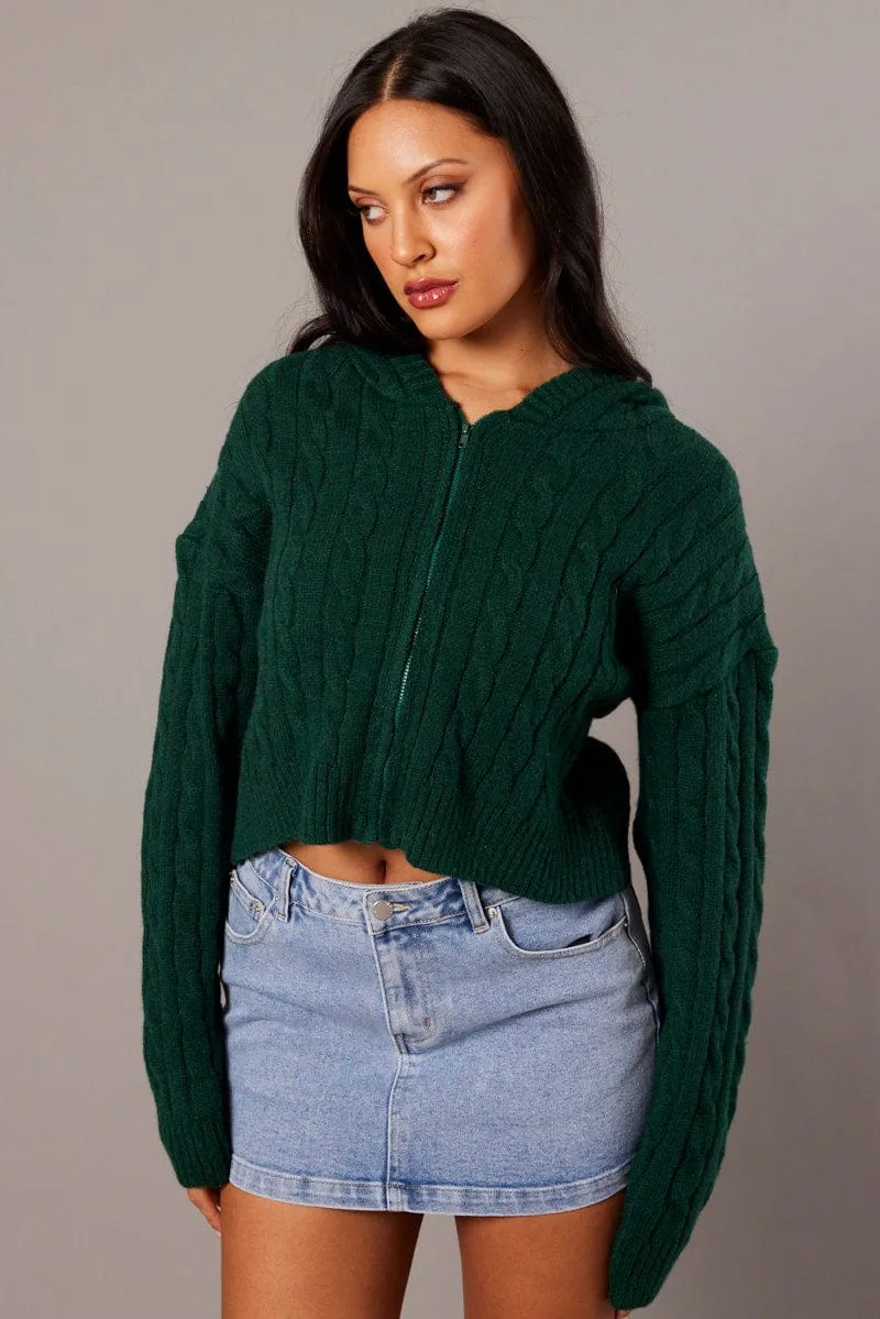 Green Hooded Cardigan Long Sleeve Cable Knit Zip Up sold by Ally Fashion product image thumbnail 3