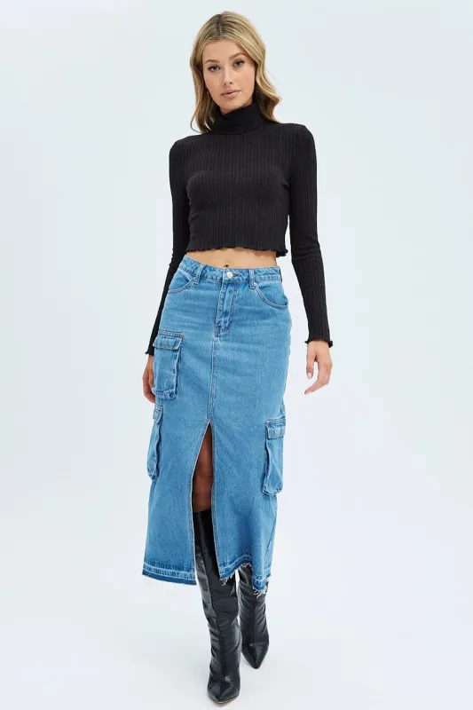 Blue Denim Maxi Skirt Cargo sold by Ally Fashion