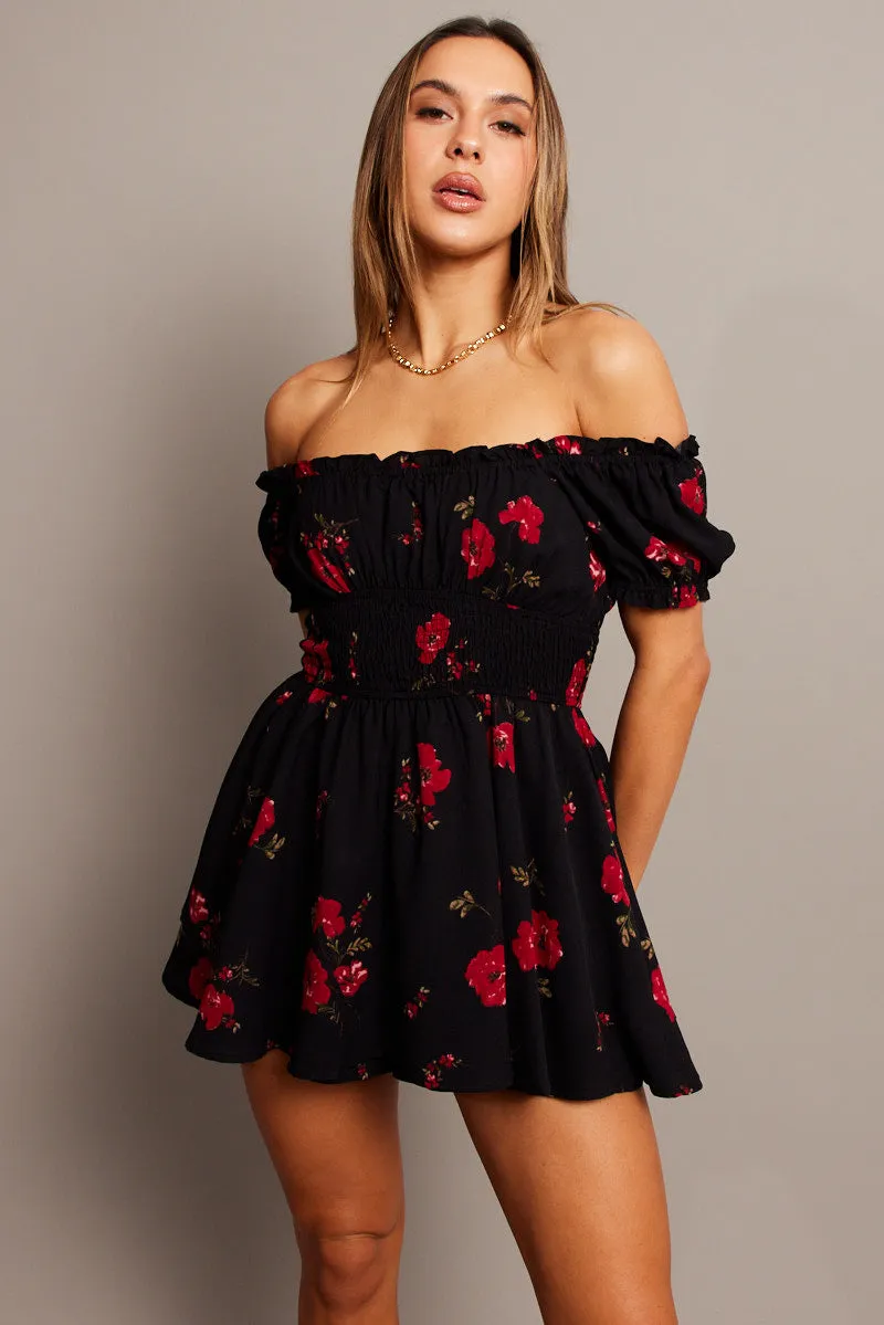 Black Floral Ruffle Playsuit Short Sleeve sold by Ally Fashion