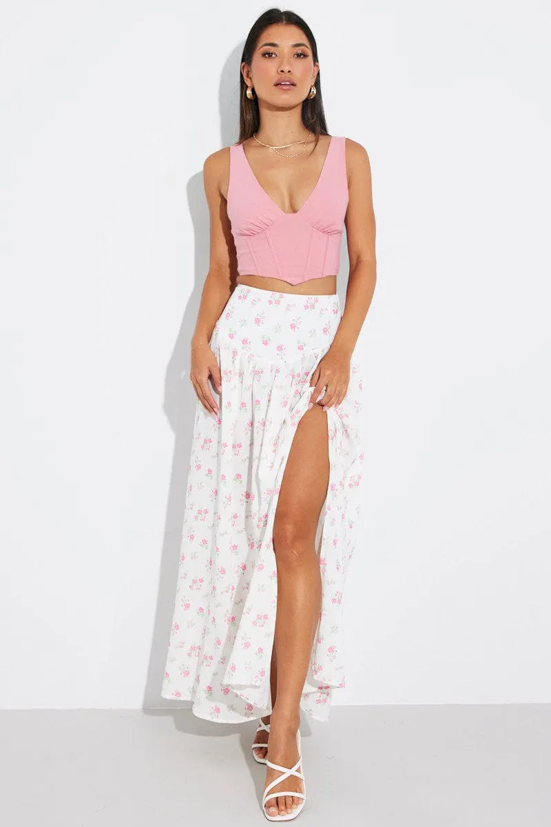 White Floral Maxi Skirt Bouquet Ditsy Side Split Skirt sold by Ally Fashion product image thumbnail 2