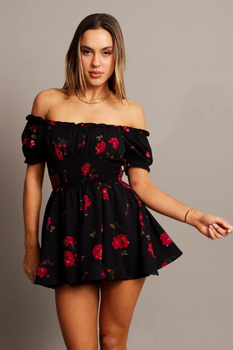 Black Floral Ruffle Playsuit Short Sleeve sold by Ally Fashion product image thumbnail 3