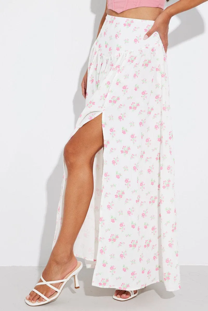 White Floral Maxi Skirt Bouquet Ditsy Side Split Skirt sold by Ally Fashion product image thumbnail 4