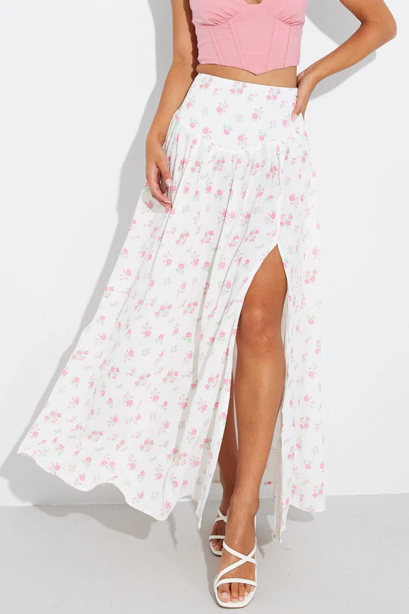 White Floral Maxi Skirt Bouquet Ditsy Side Split Skirt sold by Ally Fashion