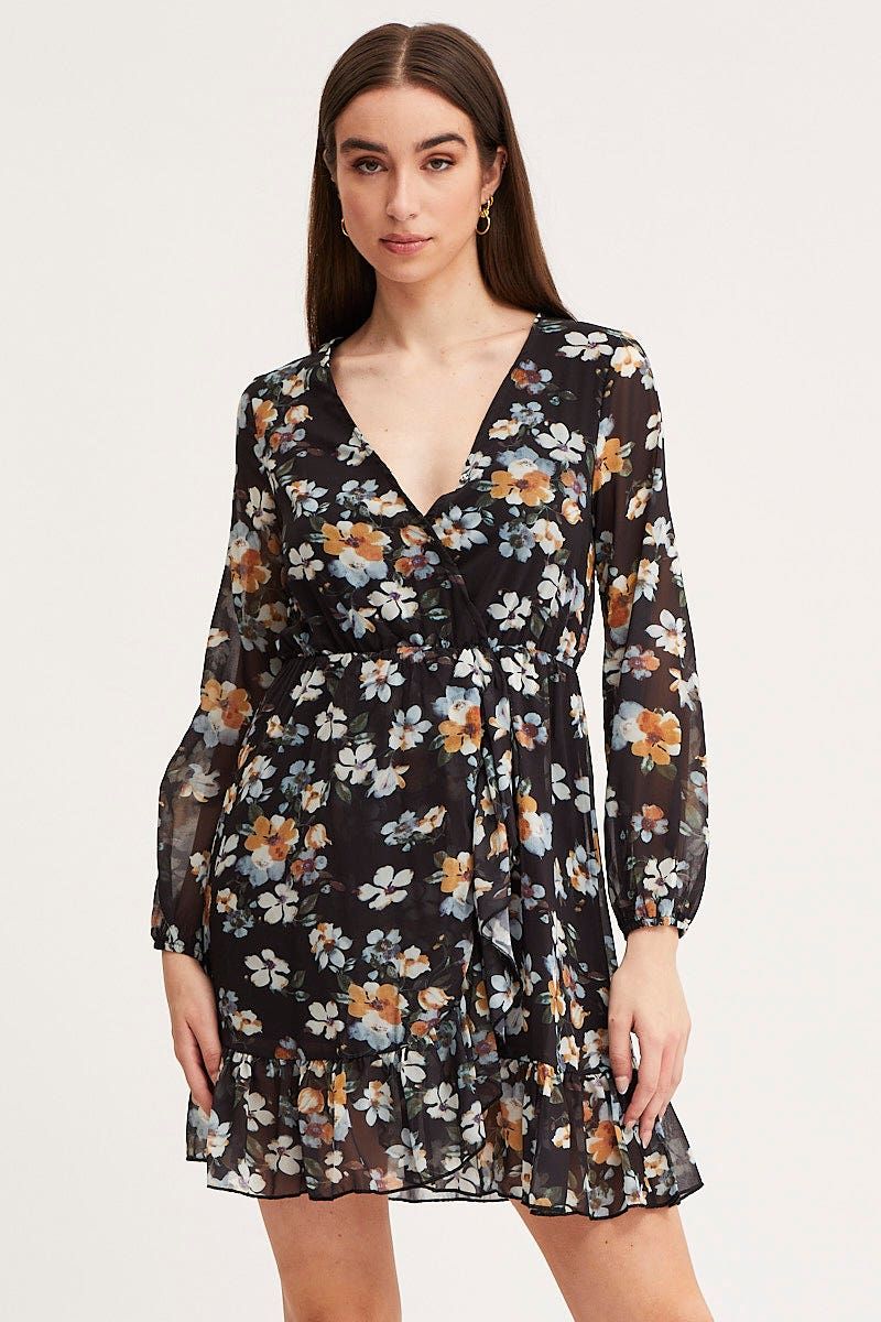 Print Mini Dress Long Sleeve V Neck sold by Ally Fashion