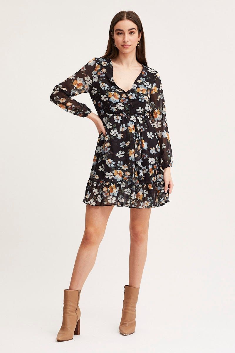 Print Mini Dress Long Sleeve V Neck sold by Ally Fashion product image thumbnail 2