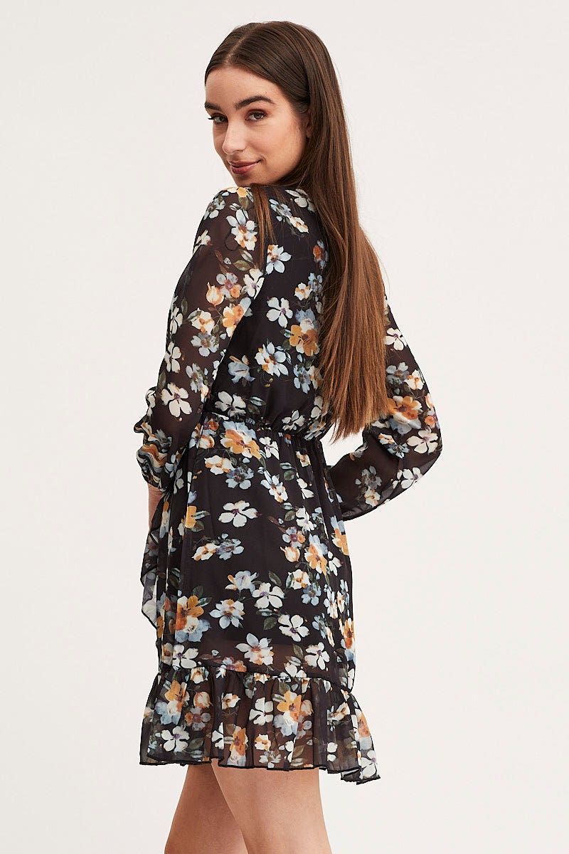 Print Mini Dress Long Sleeve V Neck sold by Ally Fashion product image thumbnail 4
