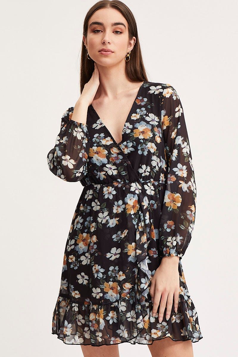 Print Mini Dress Long Sleeve V Neck sold by Ally Fashion product image thumbnail 3