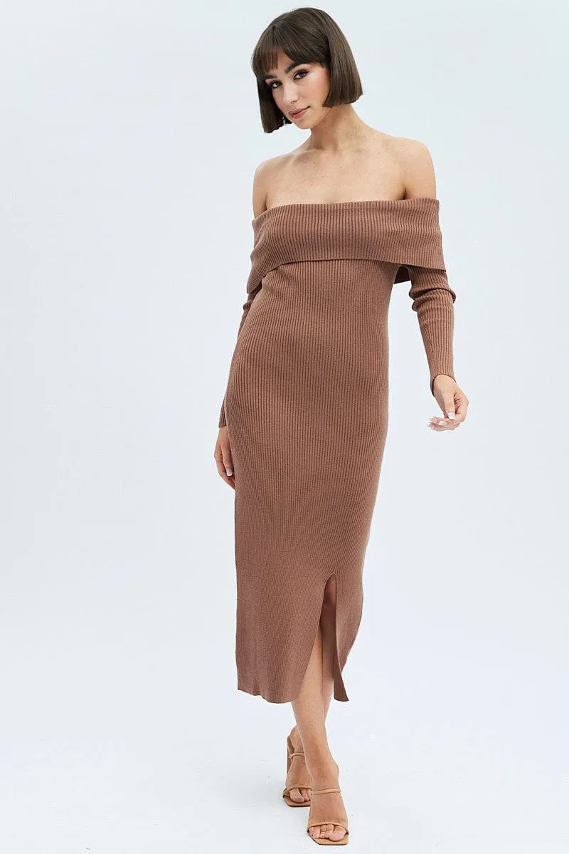 Brown Midi Dress Long Sleeve Off Shoulder Bardot Knit sold by Ally Fashion product image thumbnail 3
