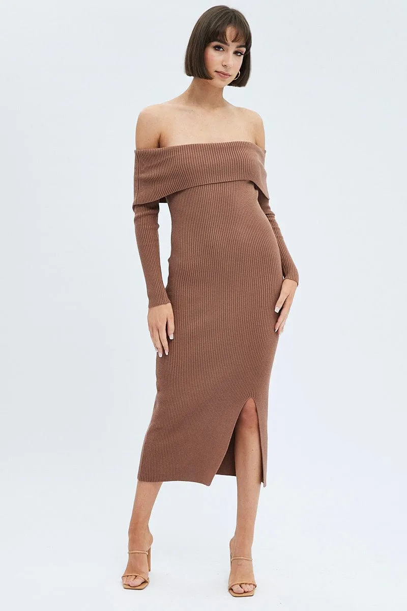 Brown Midi Dress Long Sleeve Off Shoulder Bardot Knit sold by Ally Fashion