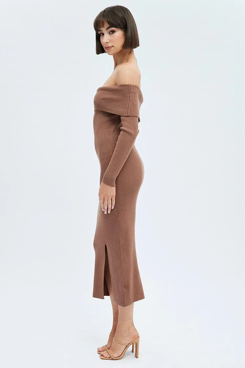 Brown Midi Dress Long Sleeve Off Shoulder Bardot Knit sold by Ally Fashion product image thumbnail 4