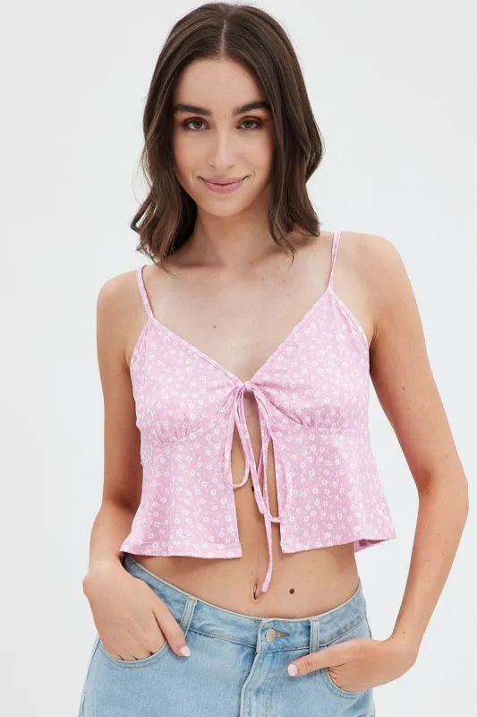 Pink Floral Tie Front Top sold by Ally Fashion