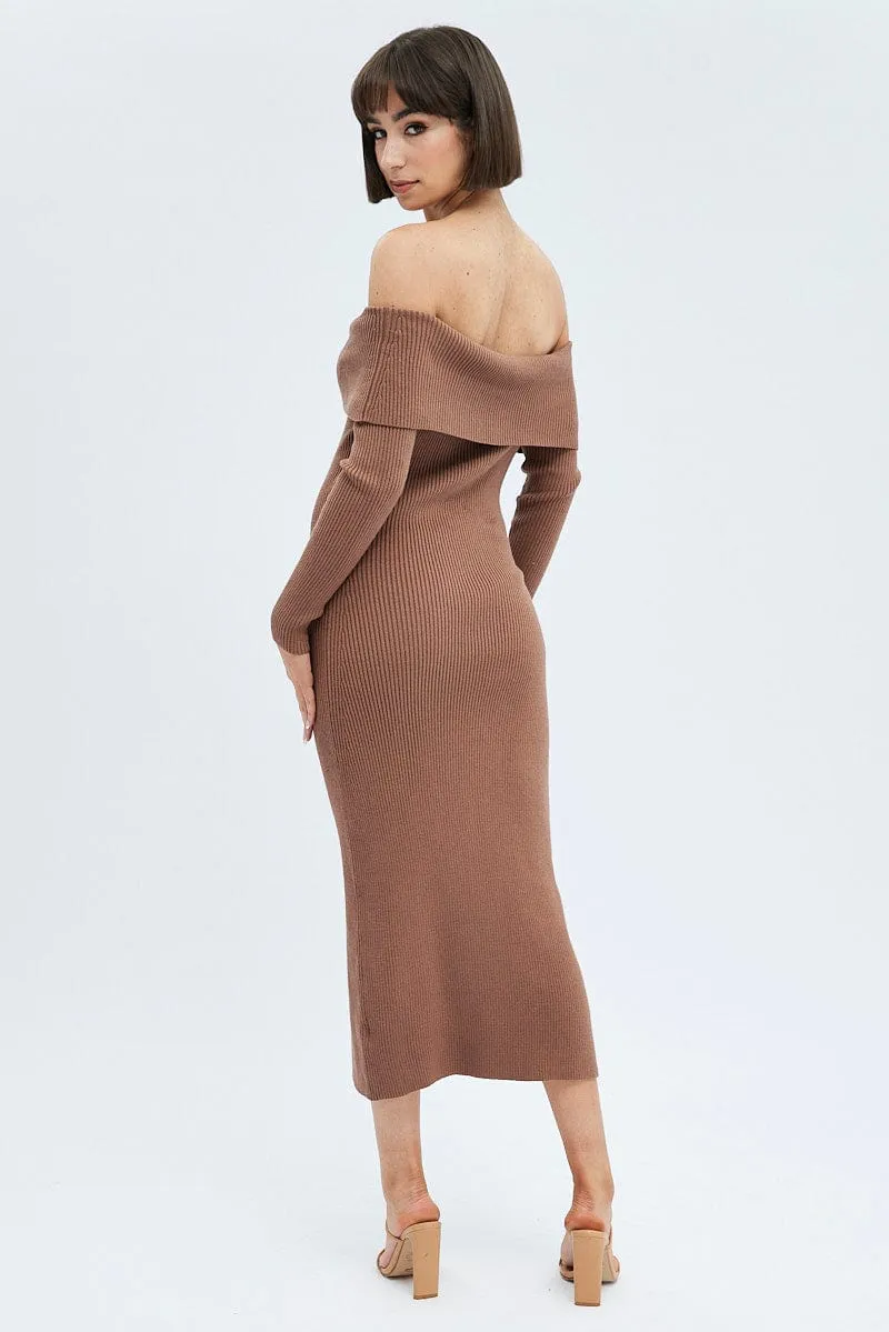 Brown Midi Dress Long Sleeve Off Shoulder Bardot Knit sold by Ally Fashion product image thumbnail 5
