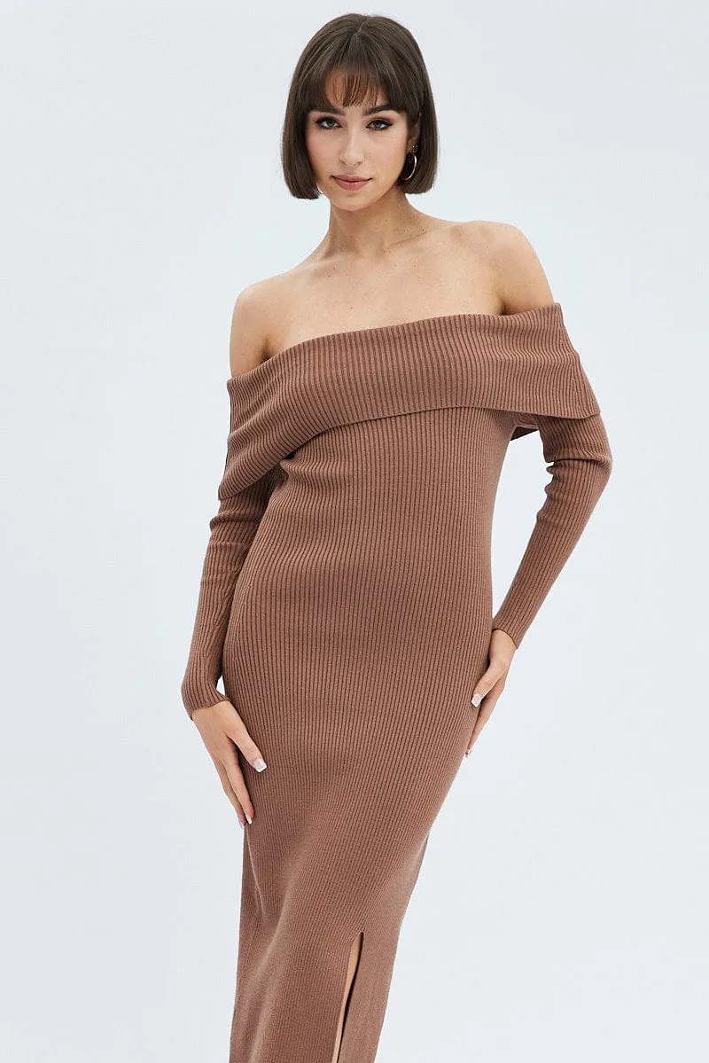 Brown Midi Dress Long Sleeve Off Shoulder Bardot Knit sold by Ally Fashion product image thumbnail 2