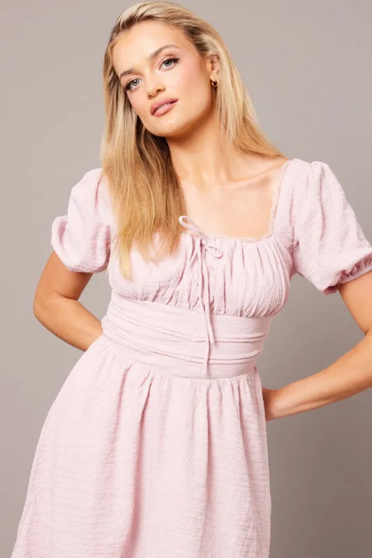 Pink Fit And Flare Dress Puff Sleeve sold by Ally Fashion