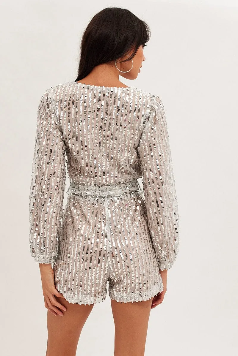 Silver Playsuit Long Sleeve V Neck Party Sequin sold by Ally Fashion product image thumbnail 5