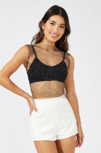 Black Rhinestone Mesh Fishnet Top sold by Ally Fashion