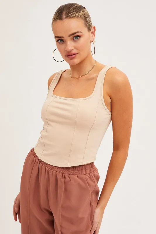 Beige Corset Tank Sleeveless Square Neck Crop Curved Hem sold by Ally Fashion