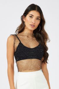 Black Rhinestone Mesh Fishnet Top sold by Ally Fashion