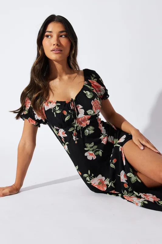 Black Floral Maxi dress Puff Sleeve sold by Ally Fashion