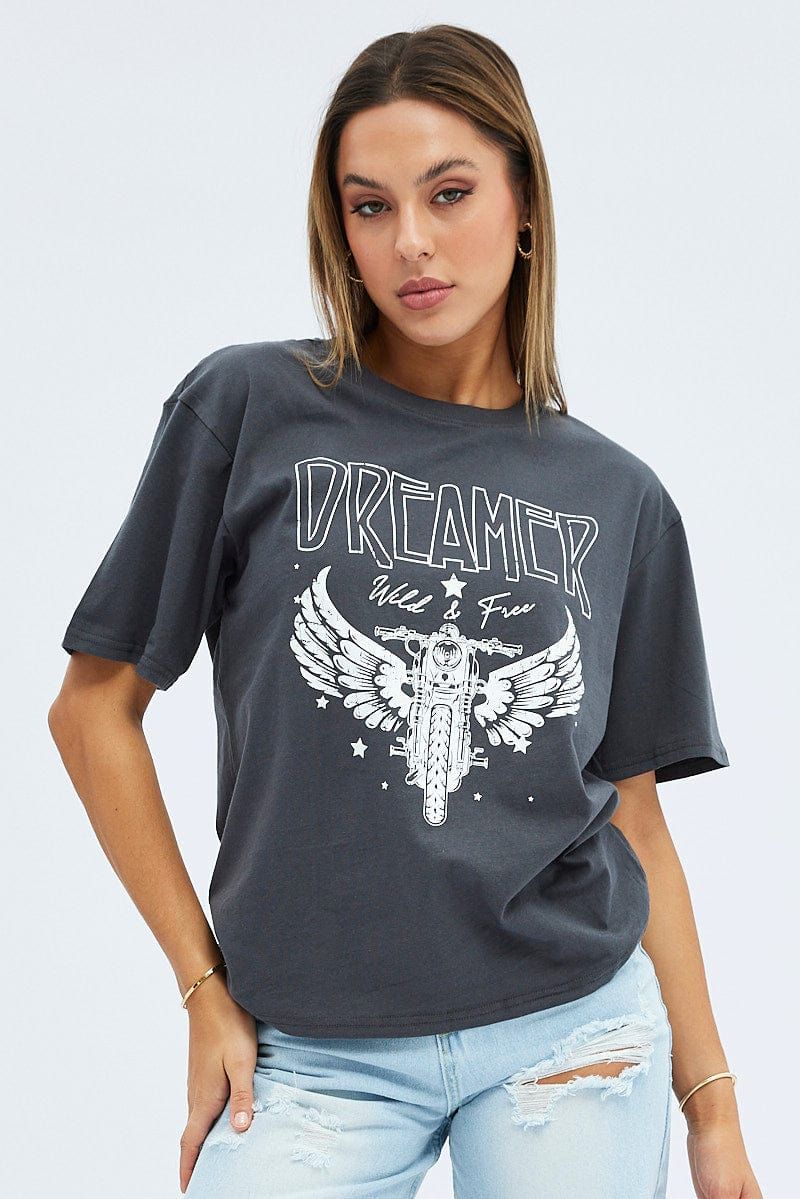 Grey Charcoal Short Sleeve Motorcycle Graphic Tee sold by Ally Fashion