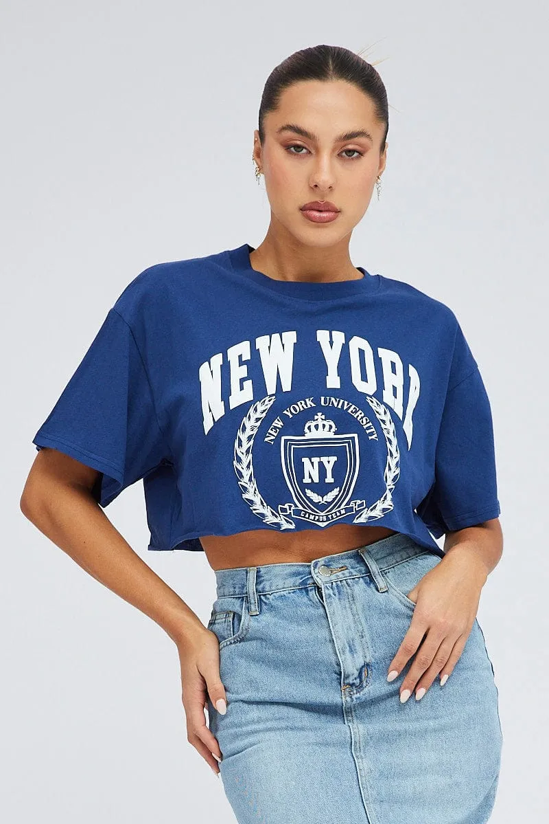 Blue Crop T Shirt Short Sleeve Crew Neck New York sold by Ally Fashion product image thumbnail 3