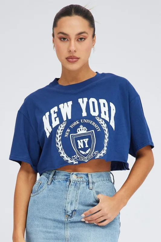 Blue Crop T Shirt Short Sleeve Crew Neck New York sold by Ally Fashion