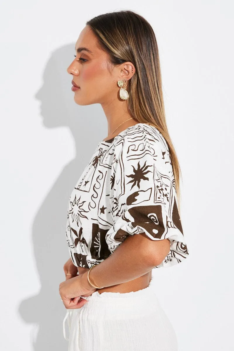 Brown Abstract Crop Top Puff Sleeve Linen sold by Ally Fashion product image thumbnail 4