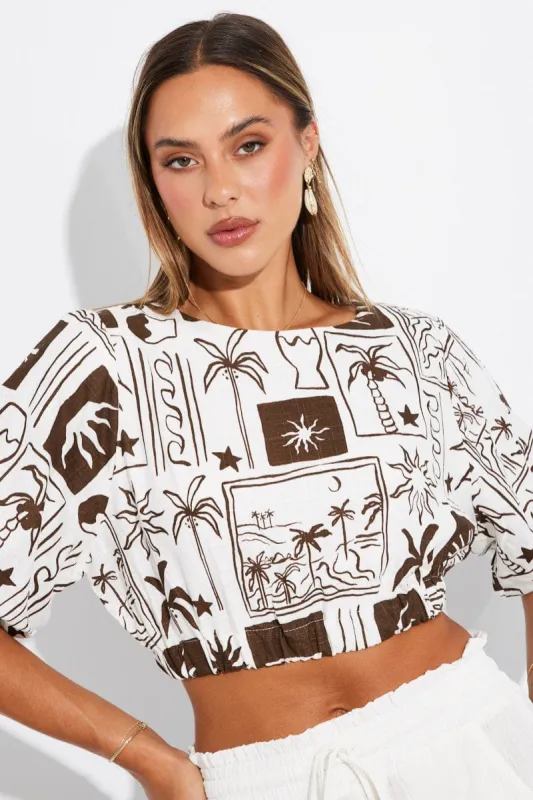 Brown Abstract Crop Top Puff Sleeve Linen sold by Ally Fashion