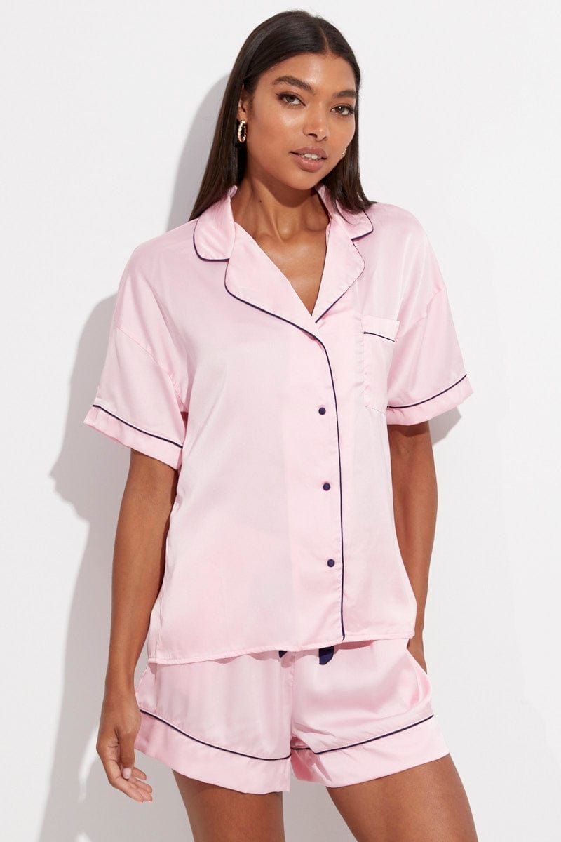 Pink Pink Pj Contrast Navy Piping Satin Pyjama Set sold by Ally Fashion product image thumbnail 3