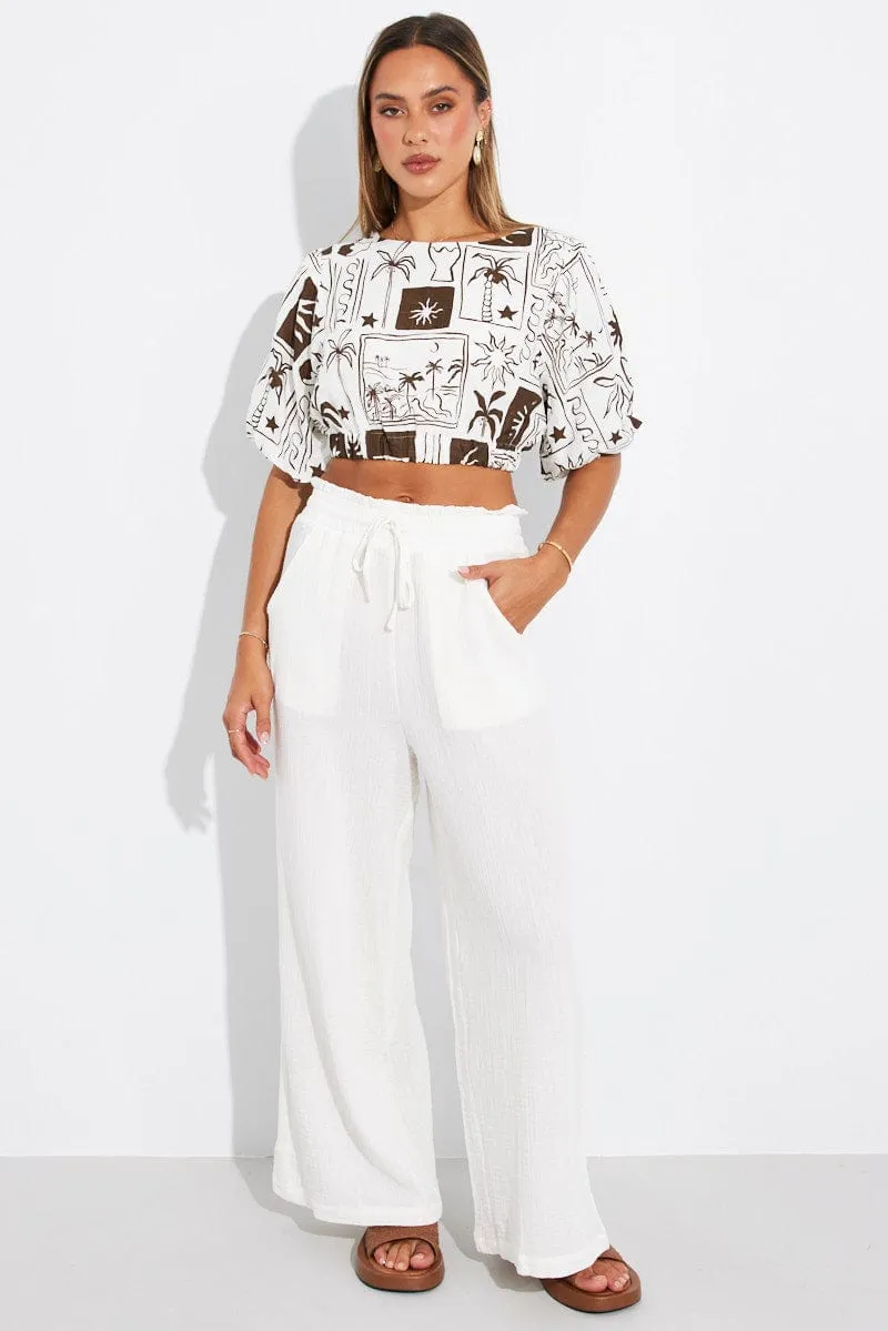 Brown Abstract Crop Top Puff Sleeve Linen sold by Ally Fashion product image thumbnail 2