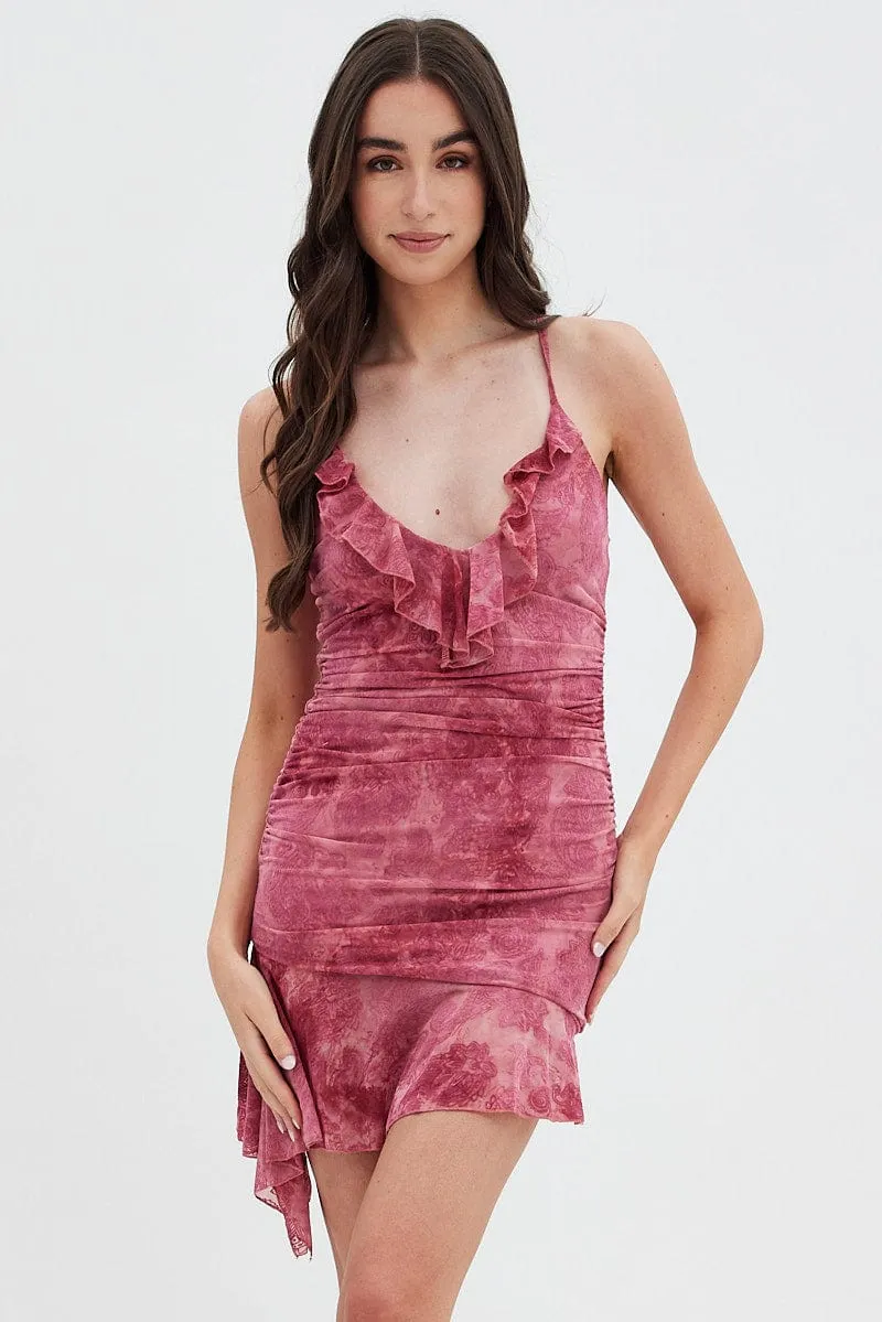Pink Paisley Mesh Mini Dress V Ruffle Neck Burnt Out Paisley sold by Ally Fashion product image thumbnail 3