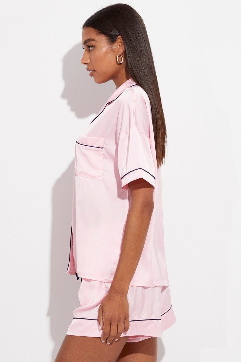 Pink Pink Pj Contrast Navy Piping Satin Pyjama Set sold by Ally Fashion product image thumbnail 4