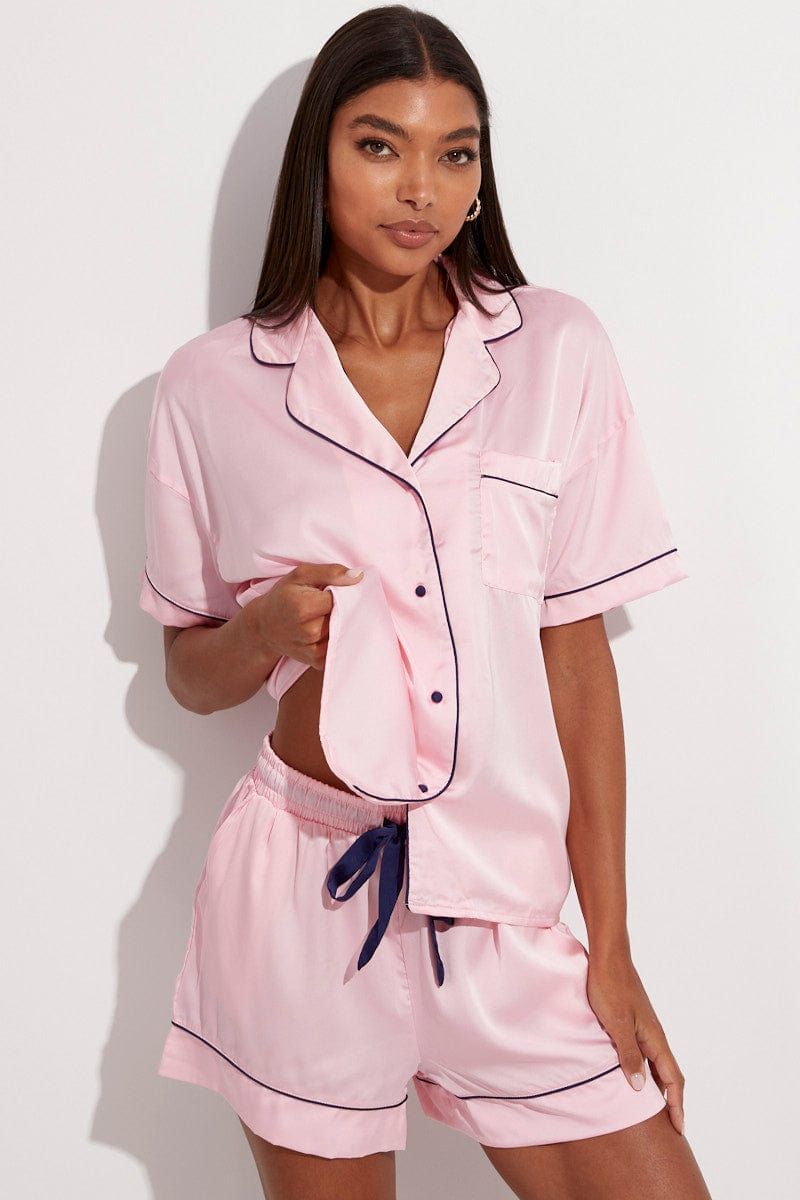 Pink Pink Pj Contrast Navy Piping Satin Pyjama Set sold by Ally Fashion