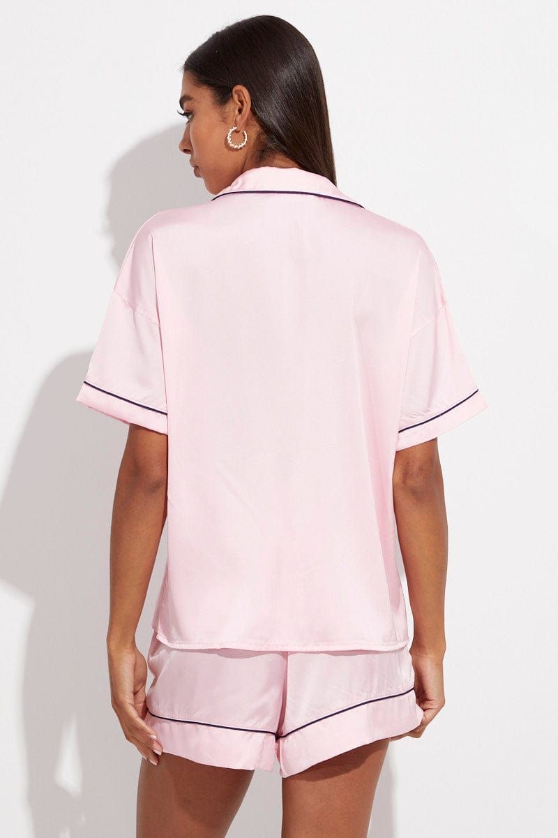 Pink Pink Pj Contrast Navy Piping Satin Pyjama Set sold by Ally Fashion product image thumbnail 5