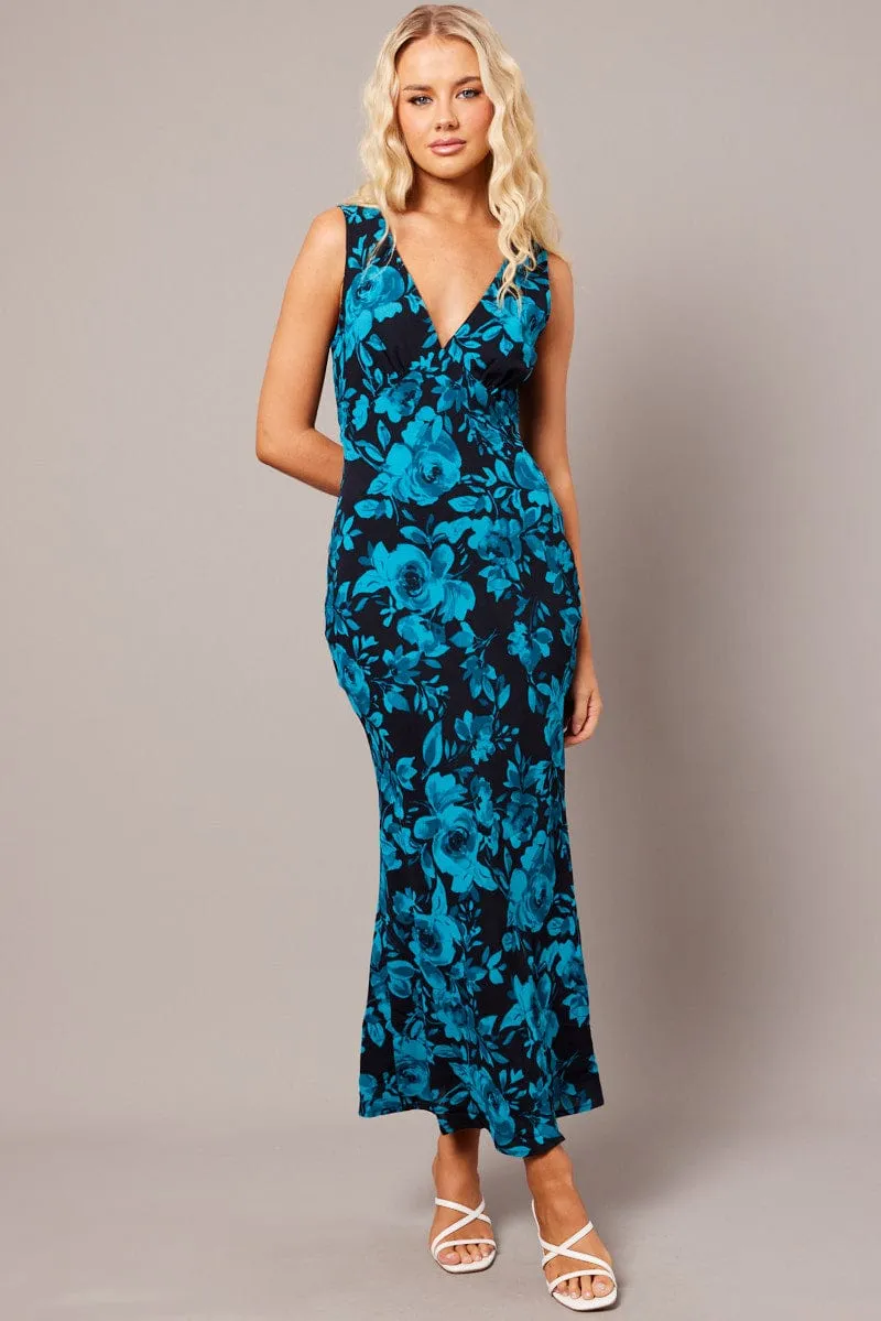 Blue Floral Maxi Dress V-Neck Sleevelss sold by Ally Fashion product image thumbnail 2