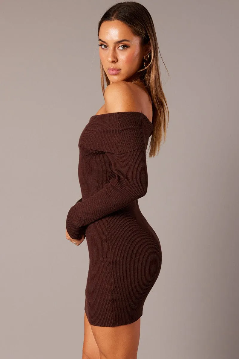 Brown Knit Dress Long Sleeve Mini sold by Ally Fashion product image thumbnail 4