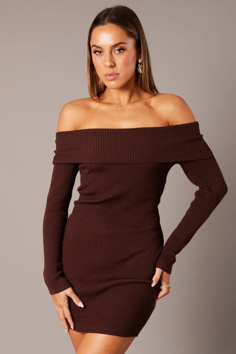 Brown Knit Dress Long Sleeve Mini sold by Ally Fashion product image thumbnail 2