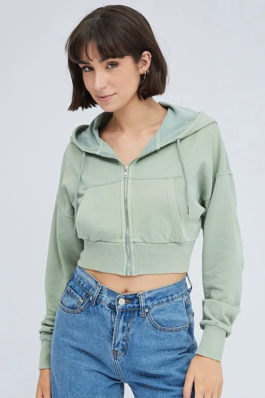 Green Zip Hoodie Long Sleeve Crop sold by Ally Fashion