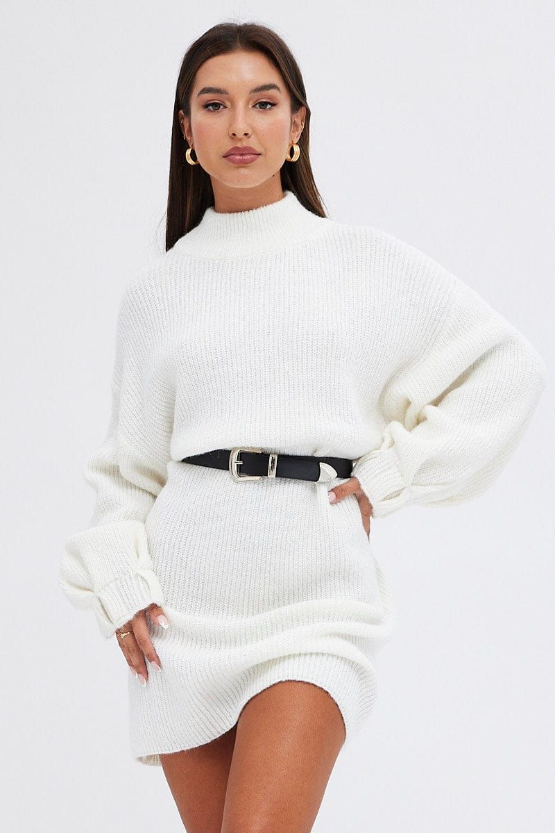 White Knit Dress Long Sleeve Turtleneck Oversized sold by Ally Fashion