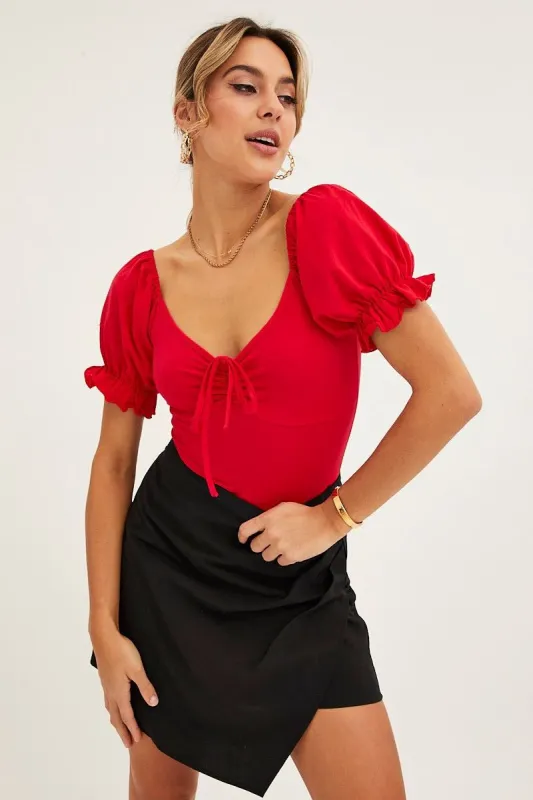 Red Bodysuit Short Sleeve Sweetheart Neckline Jersey sold by Ally Fashion