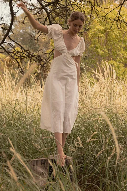 White Maxi Dress Puff Sleeve Cut Out sold by Ally Fashion